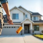 A painter holding a roller standing in front of a home exterior on a clear spring day, illustrating the reasons to paint your home exterior in spring.