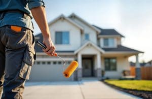 A painter holding a roller standing in front of a home exterior on a clear spring day, illustrating the reasons to paint your home exterior in spring.