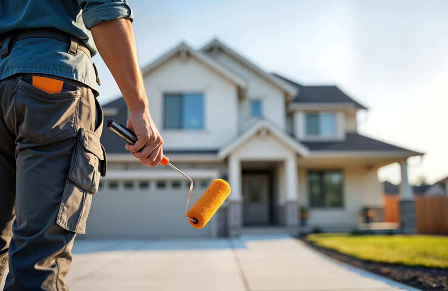 A painter holding a roller standing in front of a home exterior on a clear spring day, illustrating the reasons to paint your home exterior in spring.