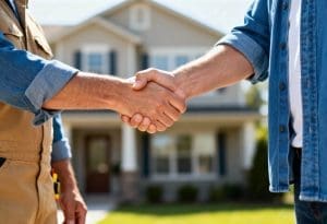 A homeowner and painting contractor shaking hands outside a house, representing what to look for when identifying signs of a bad painting contractor.